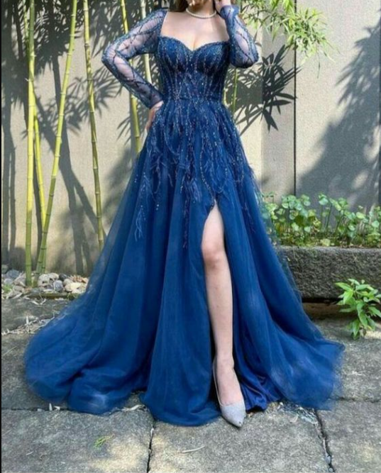Blue Long Sleeves Slit Prom Dress Long Party Dress Evening Dress