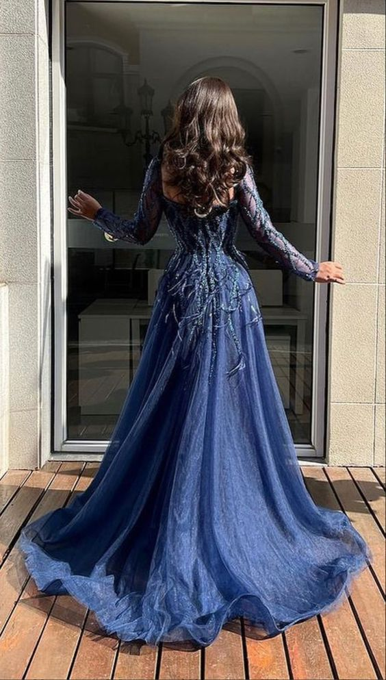 Blue Long Sleeves Slit Prom Dress Long Party Dress Evening Dress