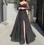 Blue Long Sleeves Slit Prom Dress Long Party Dress Evening Dress