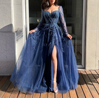 Blue Long Sleeves Slit Prom Dress Long Party Dress Evening Dress