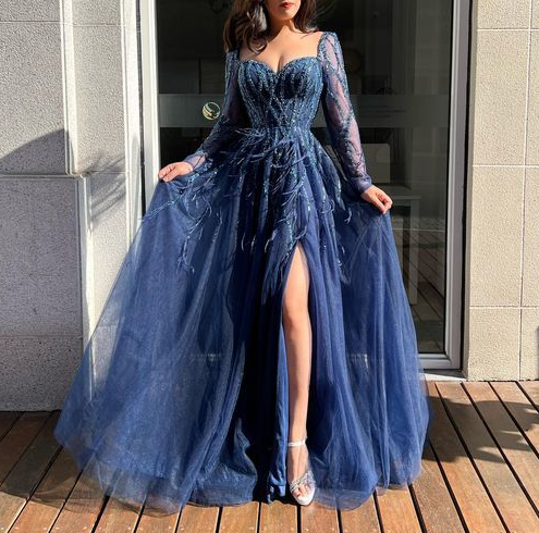 Blue Long Sleeves Slit Prom Dress Long Party Dress Evening Dress