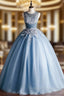 Blue Tulle Appliques Beading Pleats Quinceanera Dress