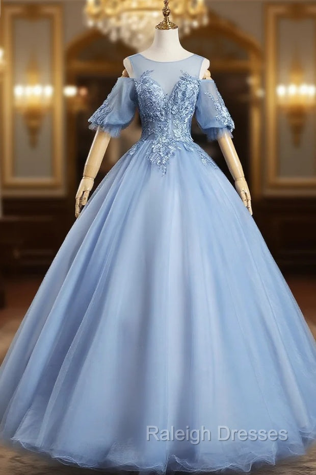 Blue Tulle Appliques Beading Short Sleeve Quinceanera Dress Main image
