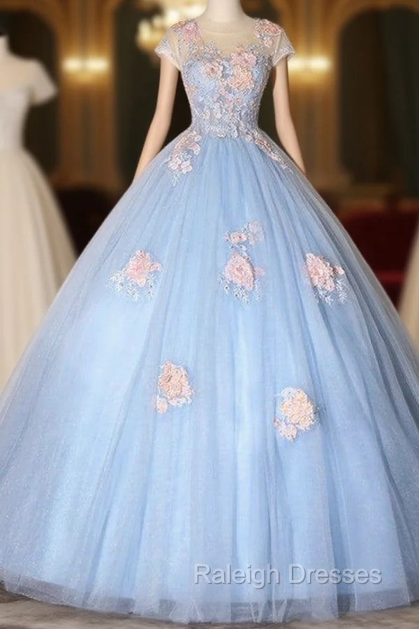 Blue Tulle Appliques Cap Sleeve Quinceanera Dress