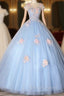 Blue Tulle Appliques Cap Sleeve Quinceanera Dress