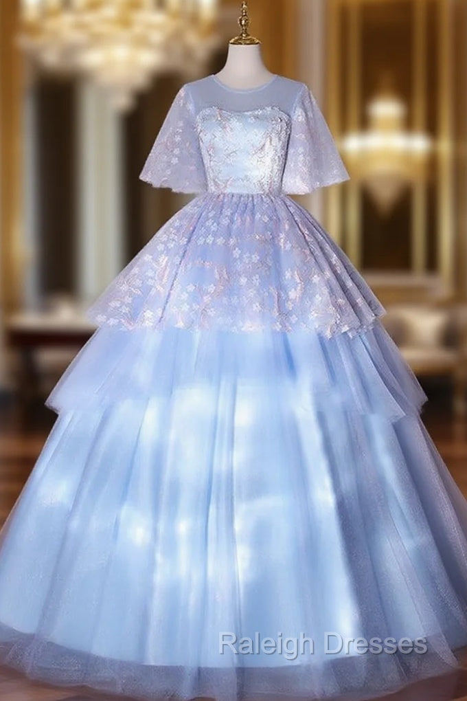 Blue Tulle Appliques Flying Sleeve Quinceanera Dress
