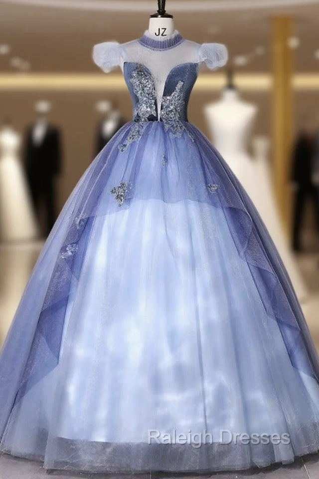 Blue Tulle Appliques See Through Back Quinceanera Dress