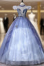 Blue Tulle Appliques See Through Back Quinceanera Dress