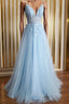 Blue Tulle Appliques Spaghetti Straps Prom Dress