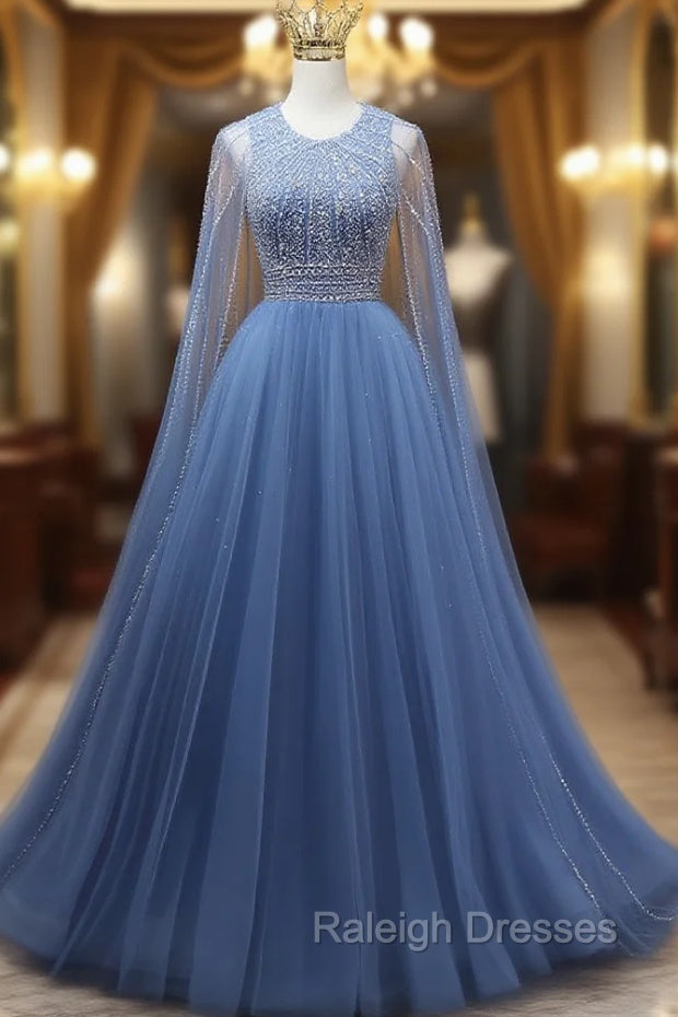 Blue Tulle Backless Beading Prom Dress