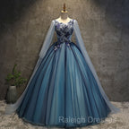 Blue Tulle Ball Gown Long Sweet 16 Dresses With Lace Applique Prom Dresses