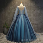 Blue Tulle Ball Gown Long Sweet 16 Dress With Lace Applique, Prom Dress