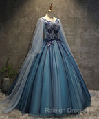 Blue Tulle Ball Gown Long Sweet 16 Dress With Lace Applique, Prom Dress