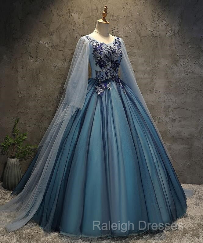 Blue Tulle Ball Gown Long Sweet 16 Dress With Lace Applique, Prom Dress