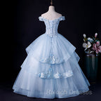 Blue Tulle Ball Gown Off Shoulder Layers Sweet 16 Dress, Blue Formal Dress with Lace