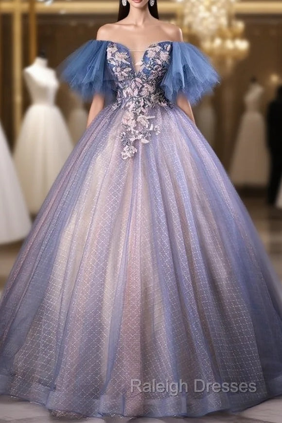 Blue Tulle Ball Gown Off the Shoulder Quinceanera Dress
