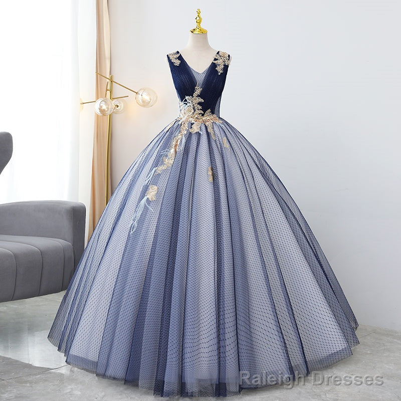 Blue Tulle Ball Gown V-Neckline Sweet 16 Dresses, Blue Floor Length Formal Dresses Evening Gown Secondary image