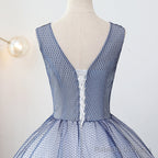 Blue Tulle Ball Gown V-Neckline Sweet 16 Dresses, Blue Floor Length Formal Dresses Evening Gown