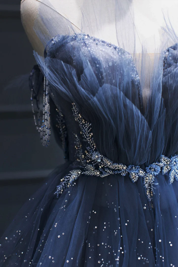 Blue Gorgeous Tulle Beaded Long A-Line Ball Gowns Prom Dresses