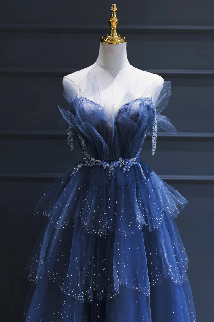 Blue Gorgeous Tulle Beaded Long A-Line Ball Gown Evening Dress