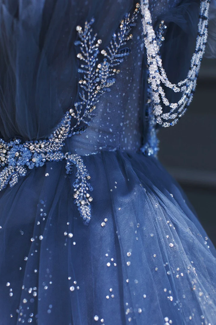 Blue Gorgeous Tulle Beaded Long A-Line Ball Gown Evening Dress