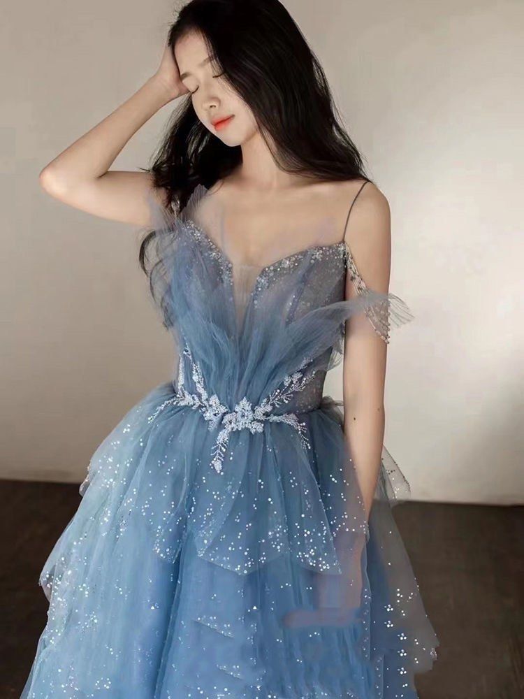 Blue Gorgeous Tulle Beaded Long A-Line Ball Gown Evening Dress