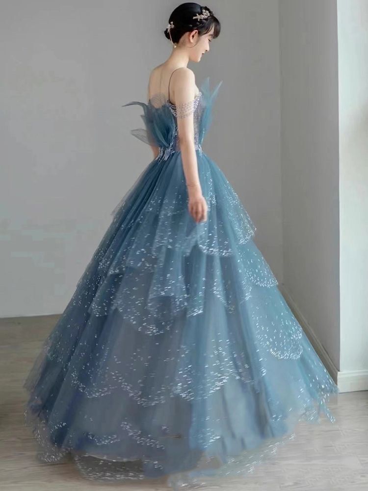 Blue Gorgeous Tulle Beaded Long A-Line Ball Gown Evening Dress