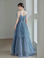 Blue Gorgeous Tulle Beaded Long A-Line Ball Gown Evening Dress