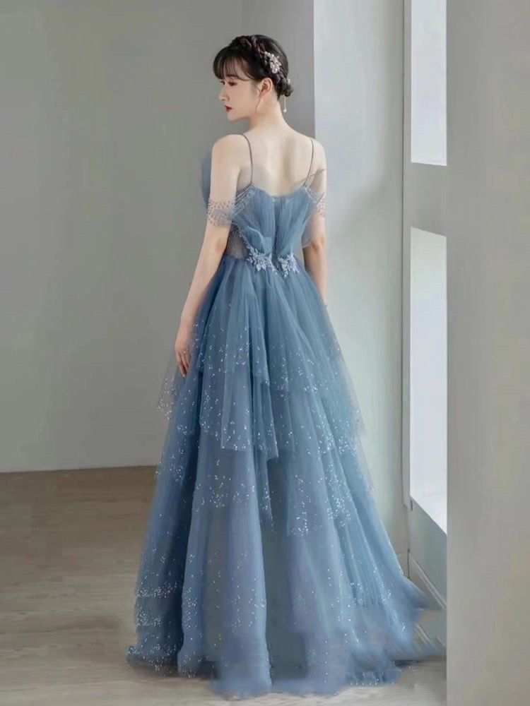 Blue Gorgeous Tulle Beaded Long A-Line Ball Gown Evening Dress