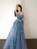 Blue Gorgeous Tulle Beaded Long A-Line Ball Gown Evening Dress