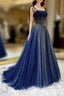 Blue Tulle Beaded Long A Line Prom Dress, Blue Spaghetti Straps Prom Dress