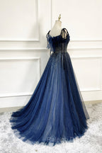 Blue Tulle Beaded Long A Line Prom Dress, Blue Spaghetti Straps Prom Dress