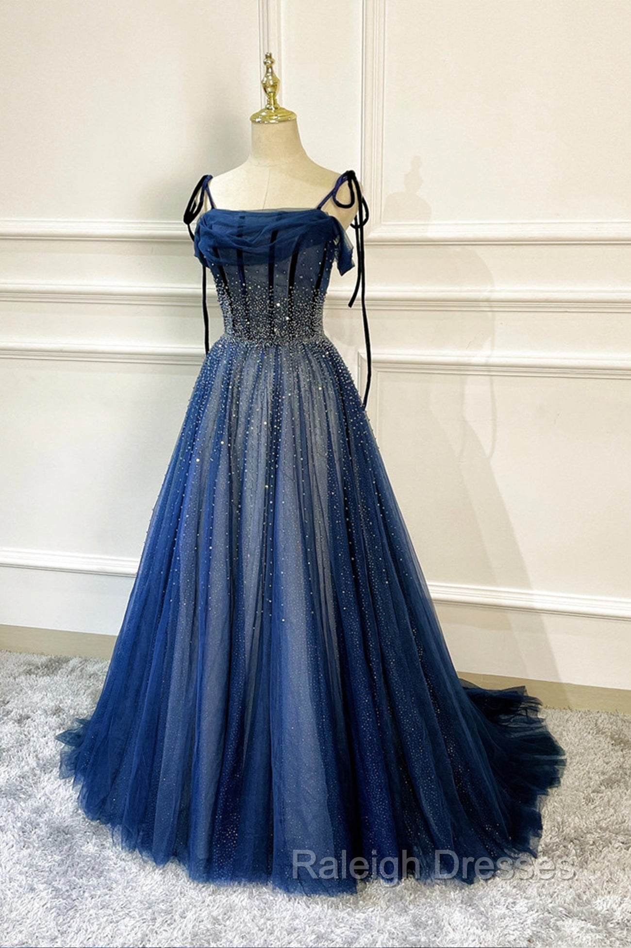 Blue Tulle Beaded Long A Line Prom Dress, Blue Spaghetti Straps Prom Dress