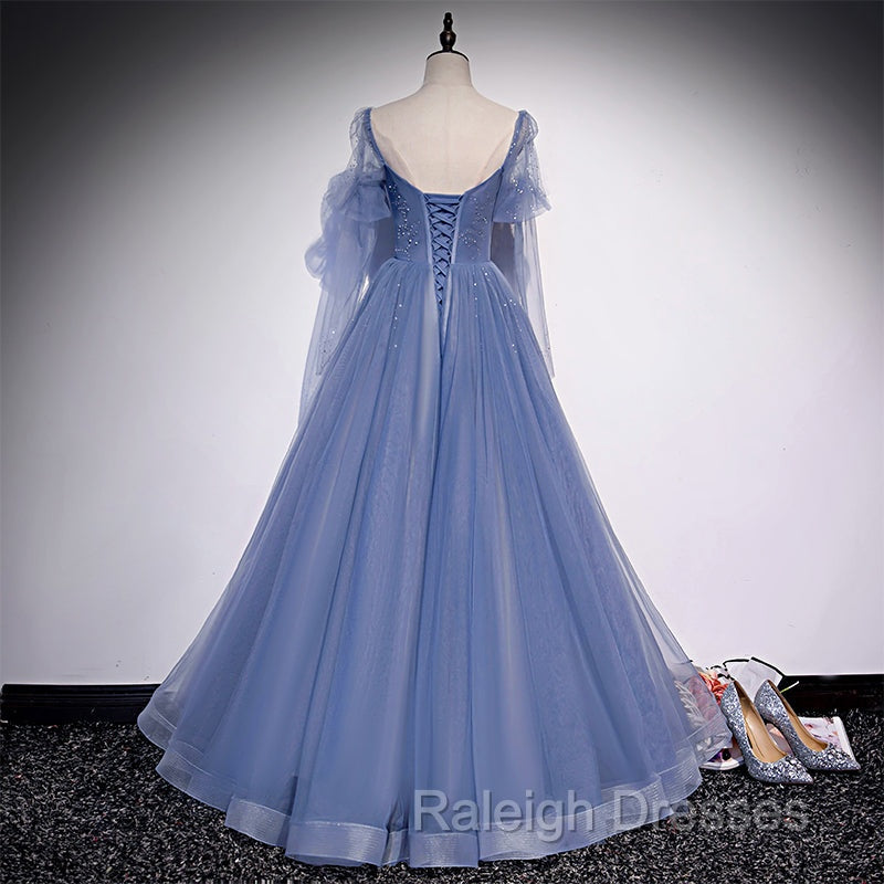 Blue Tulle Beaded Long Formal Dress Party Dresses, A-line Wedding Party Dresses Secondary image