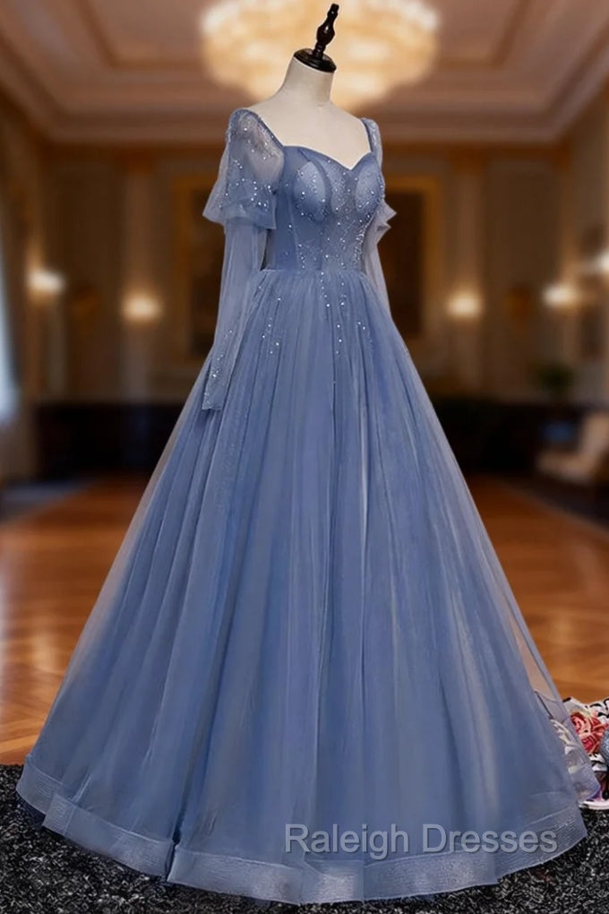 Blue Tulle Beaded Long Formal Dress Party Dresses, A-line Wedding Party Dresses Main image