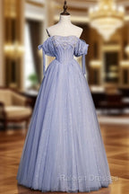 Blue Tulle Beaded Long Prom Dress, A-Line Blue Evening Party Dress