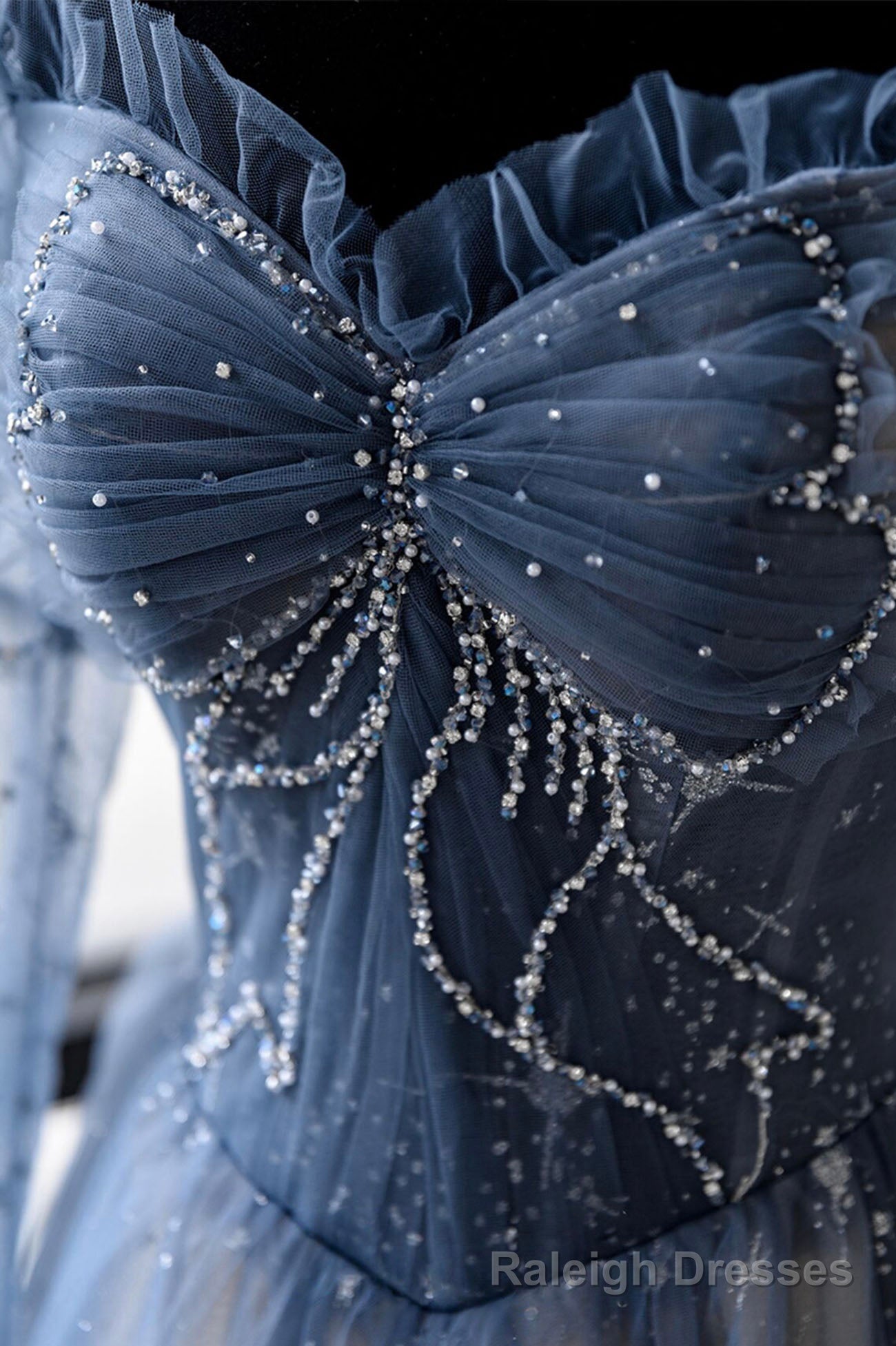 Blue Tulle Beaded Long Prom Dress, A Line Long Sleeve Prom Dress