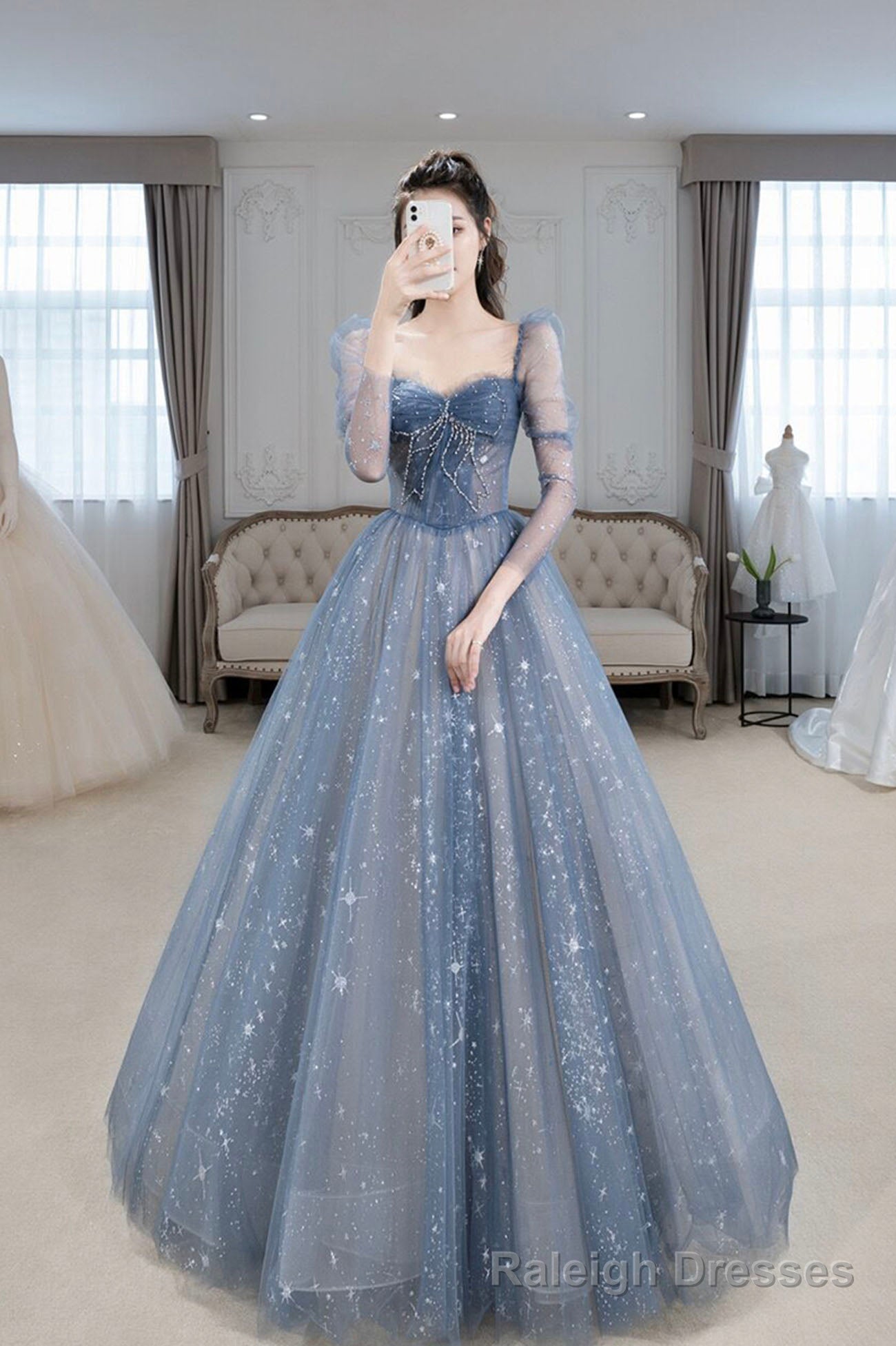 Blue Tulle Beaded Long Prom Dress, A-Line Long Sleeve Evening Dress Main image
