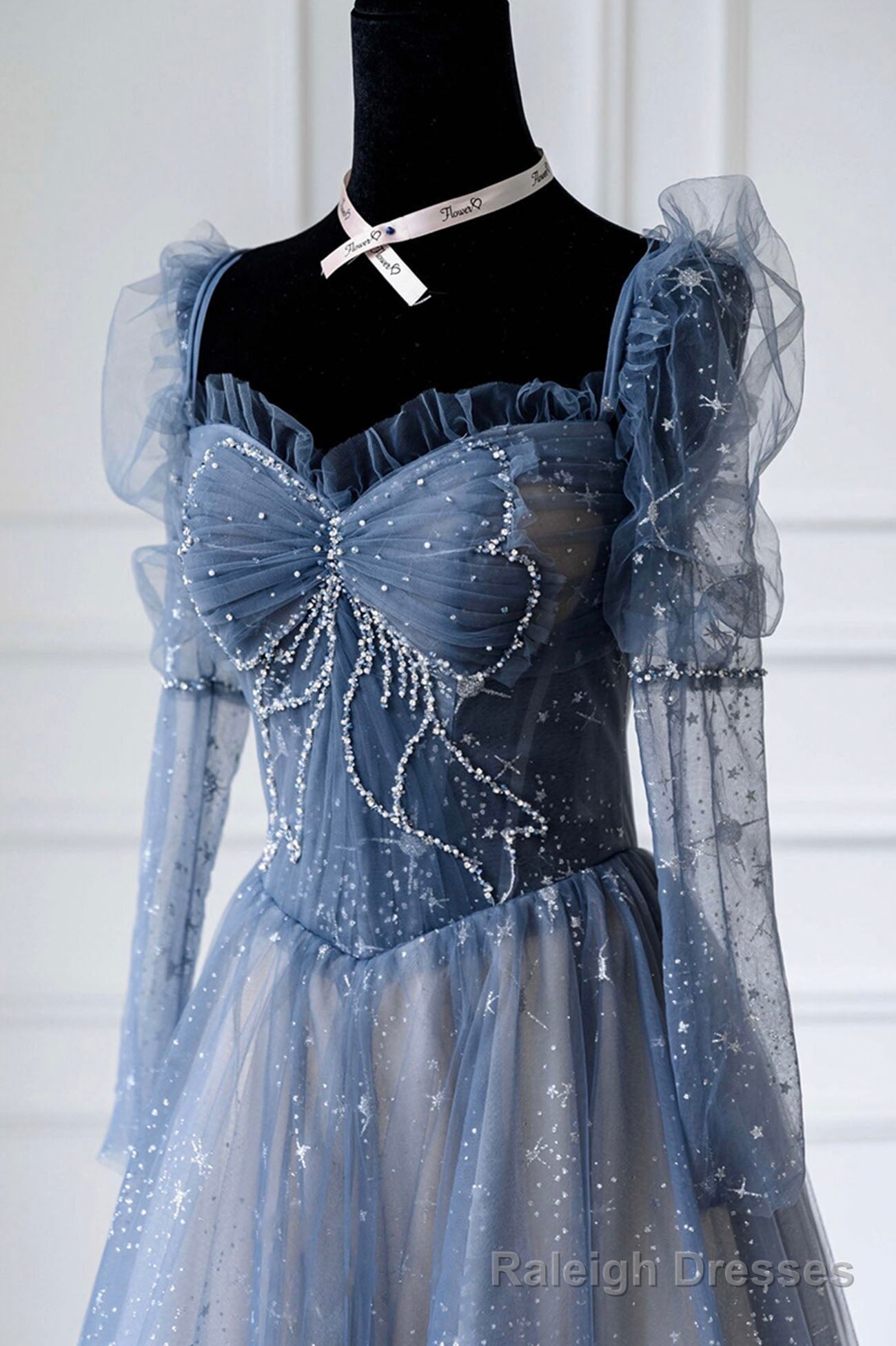 Blue Tulle Beaded Long Prom Dress, A Line Long Sleeve Prom Dress