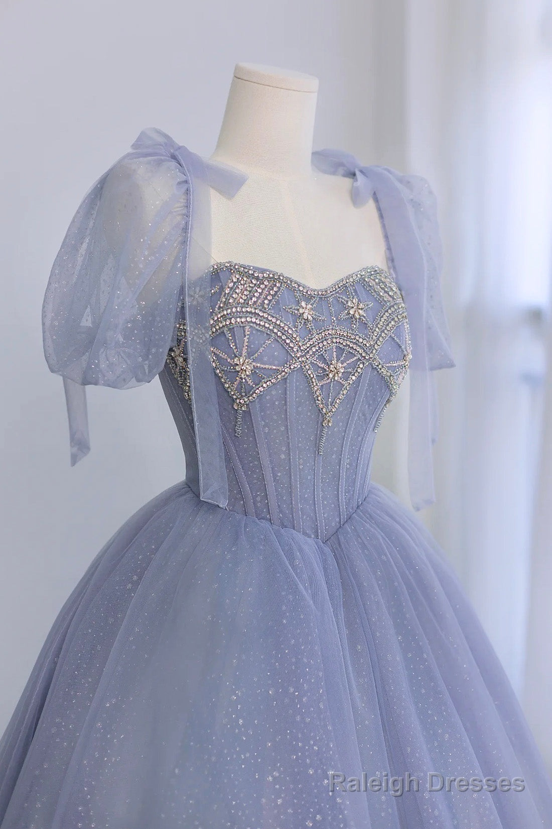 Blue Tulle Beaded Long Prom Dress, Beautiful A-Line Blue Evening Party Dress Secondary image