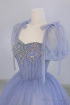 Blue Tulle Beaded Long Prom Dress, Beautiful A-Line Blue Evening Party Dress