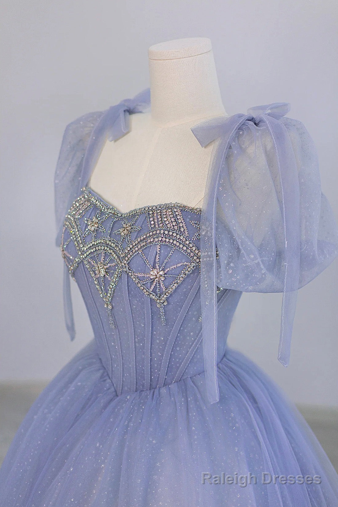 Blue Tulle Beaded Long Prom Dress, Beautiful A-Line Blue Evening Party Dress