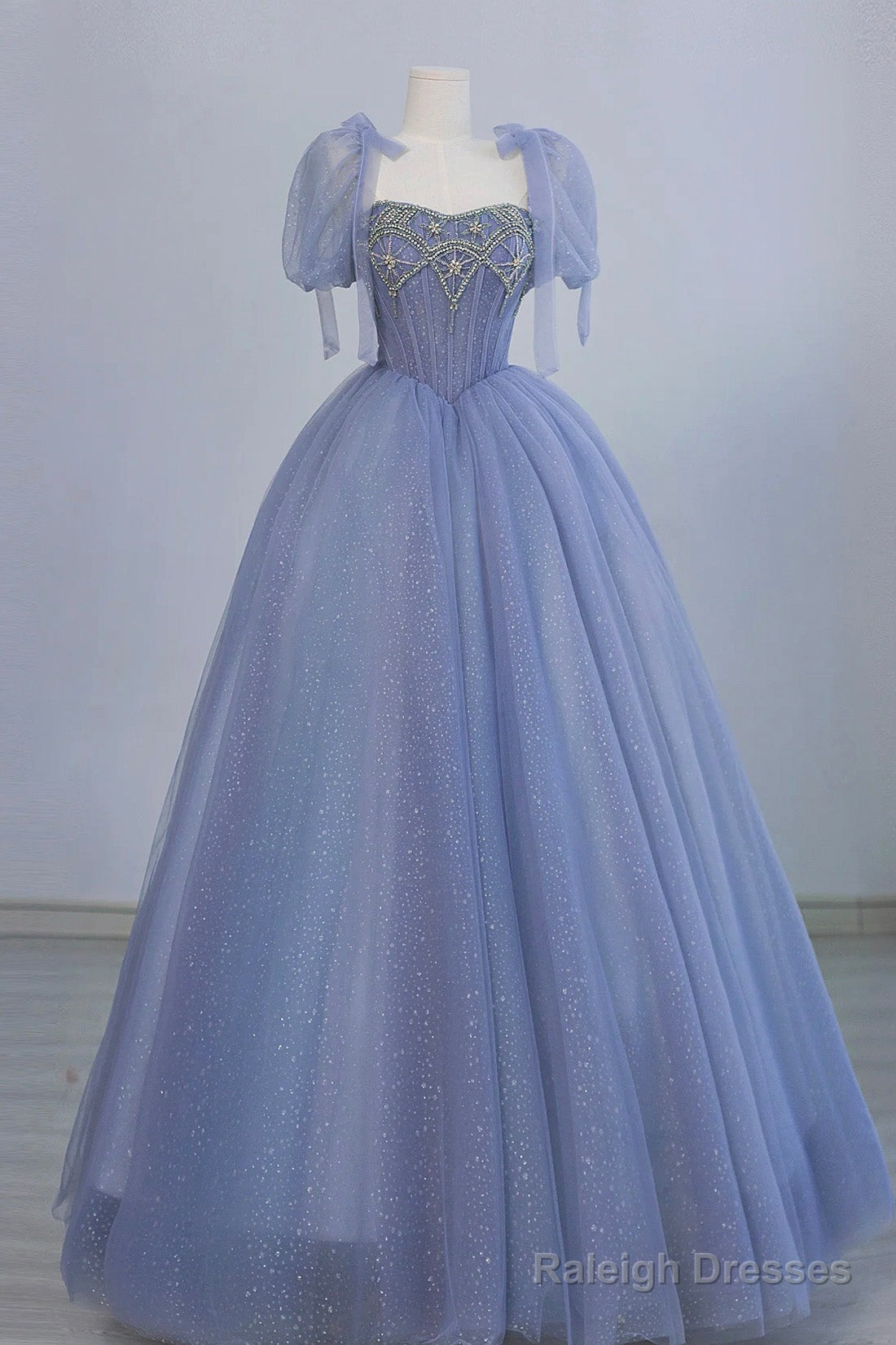 Blue Tulle Beaded Long Prom Dress, Beautiful A-Line Blue Evening Party Dress Main image