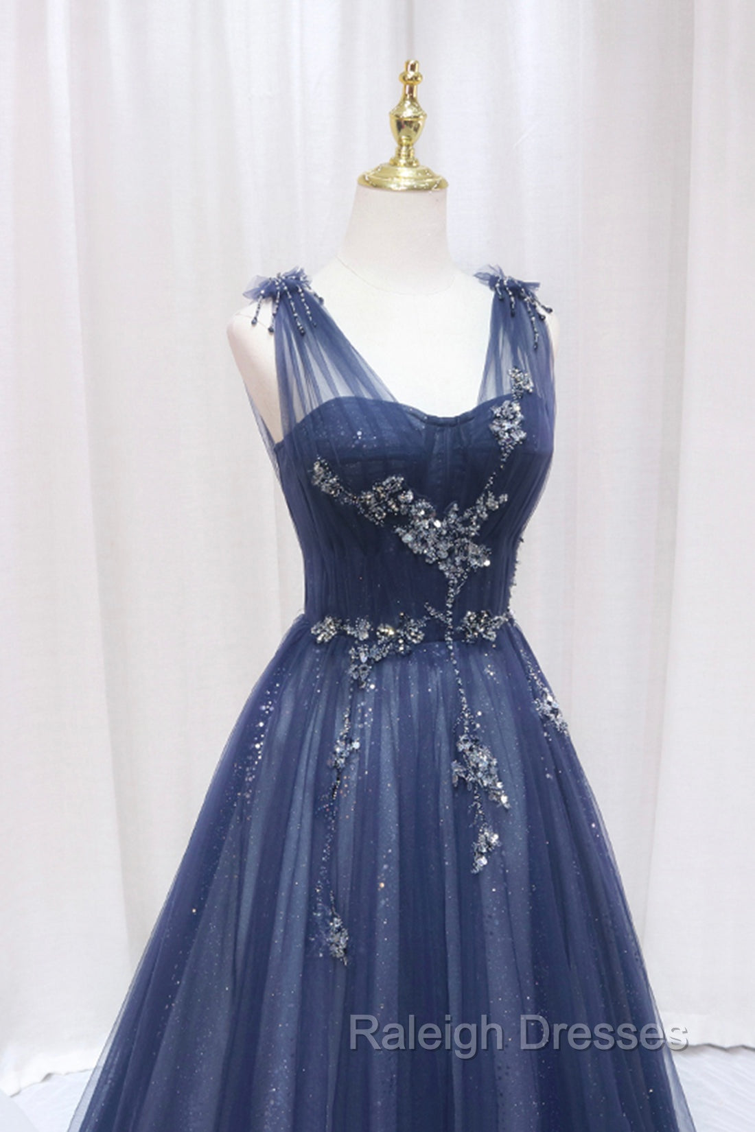 Blue Tulle Beaded Long Prom Dress, Blue A Line Prom Prom Dress Secondary image