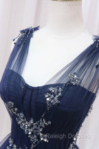 Blue Tulle Beaded Long Prom Dress, Blue A-Line Evening Party Dress