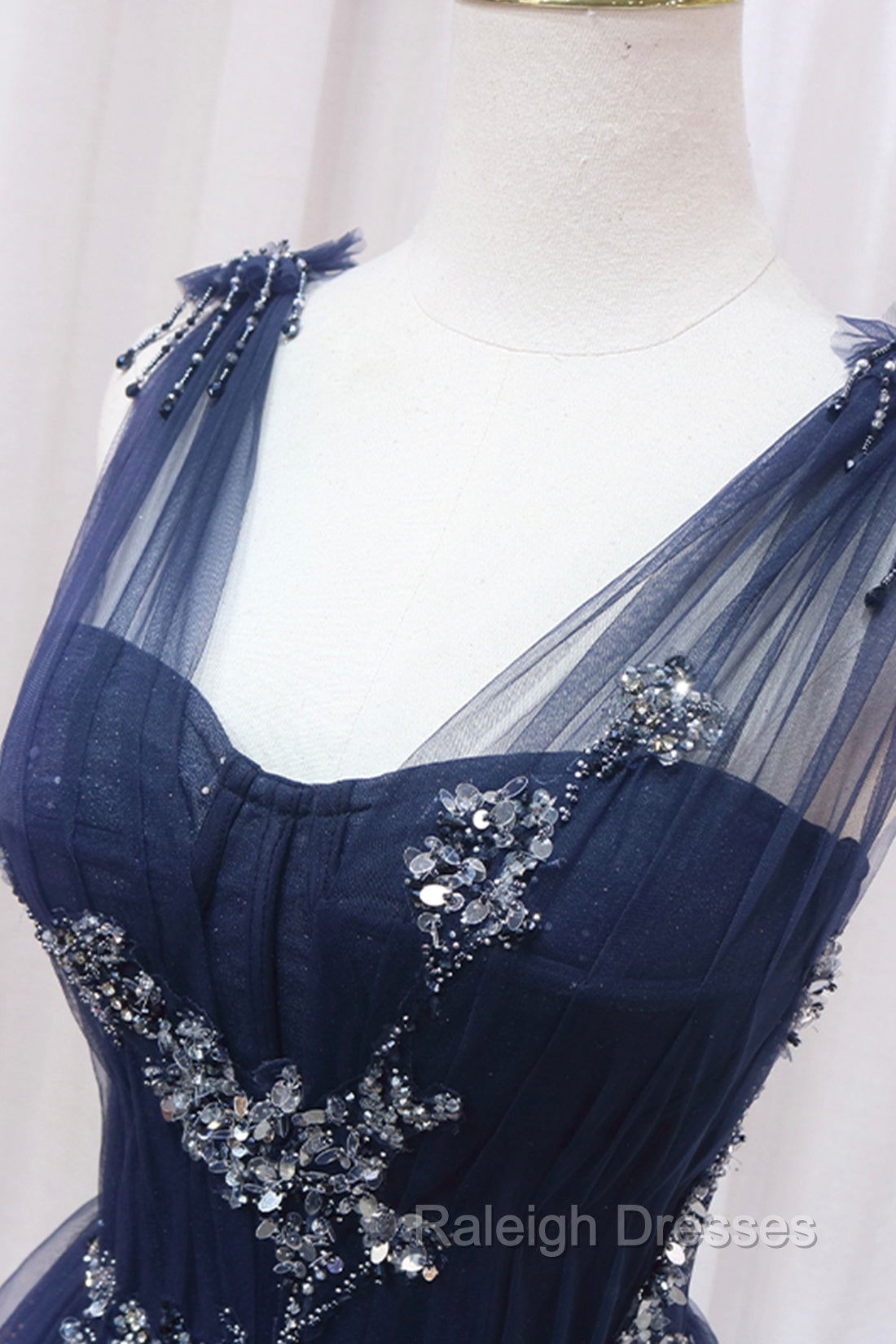 Blue Tulle Beaded Long Prom Dress, Blue A-Line Evening Party Dress