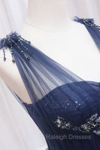 Blue Tulle Beaded Long Prom Dress, Blue A Line Prom Prom Dress