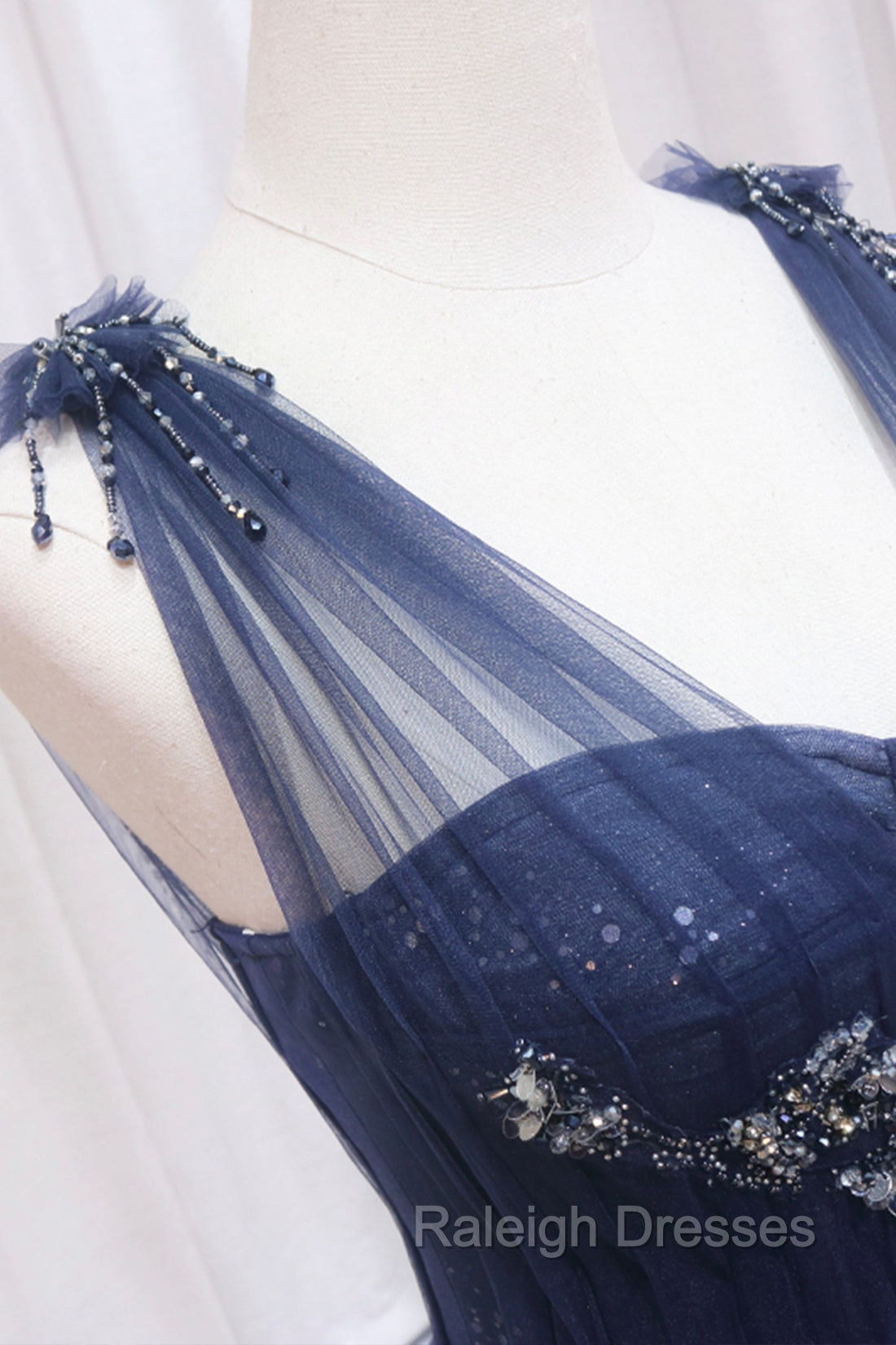 Blue Tulle Beaded Long Prom Dress, Blue A Line Prom Prom Dress