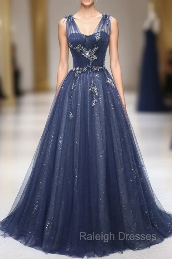 Blue Tulle Beaded Long Prom Dress, Blue A-Line Evening Party Dress