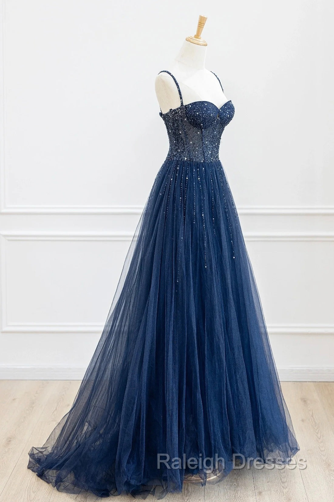 Blue Tulle Beaded Long Prom Dress Formal Dress